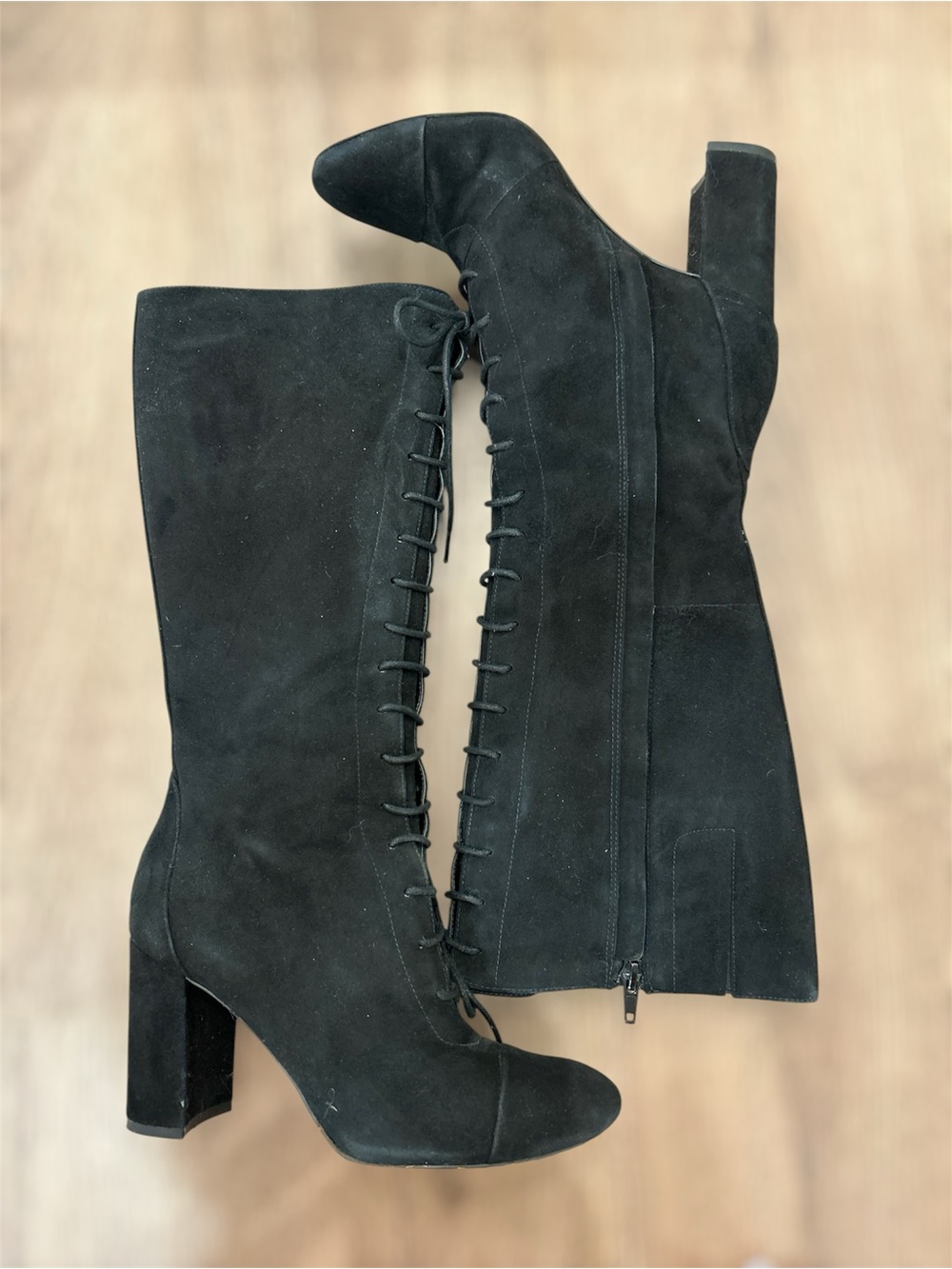 Nine West Black Suede Lace-Up Knee High Boots | Size 6 | Block Heel